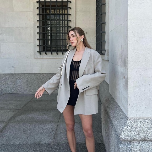 Zara Taupe Gray Oversized Vented Linen Blend Blazer - Picture 3 of 16